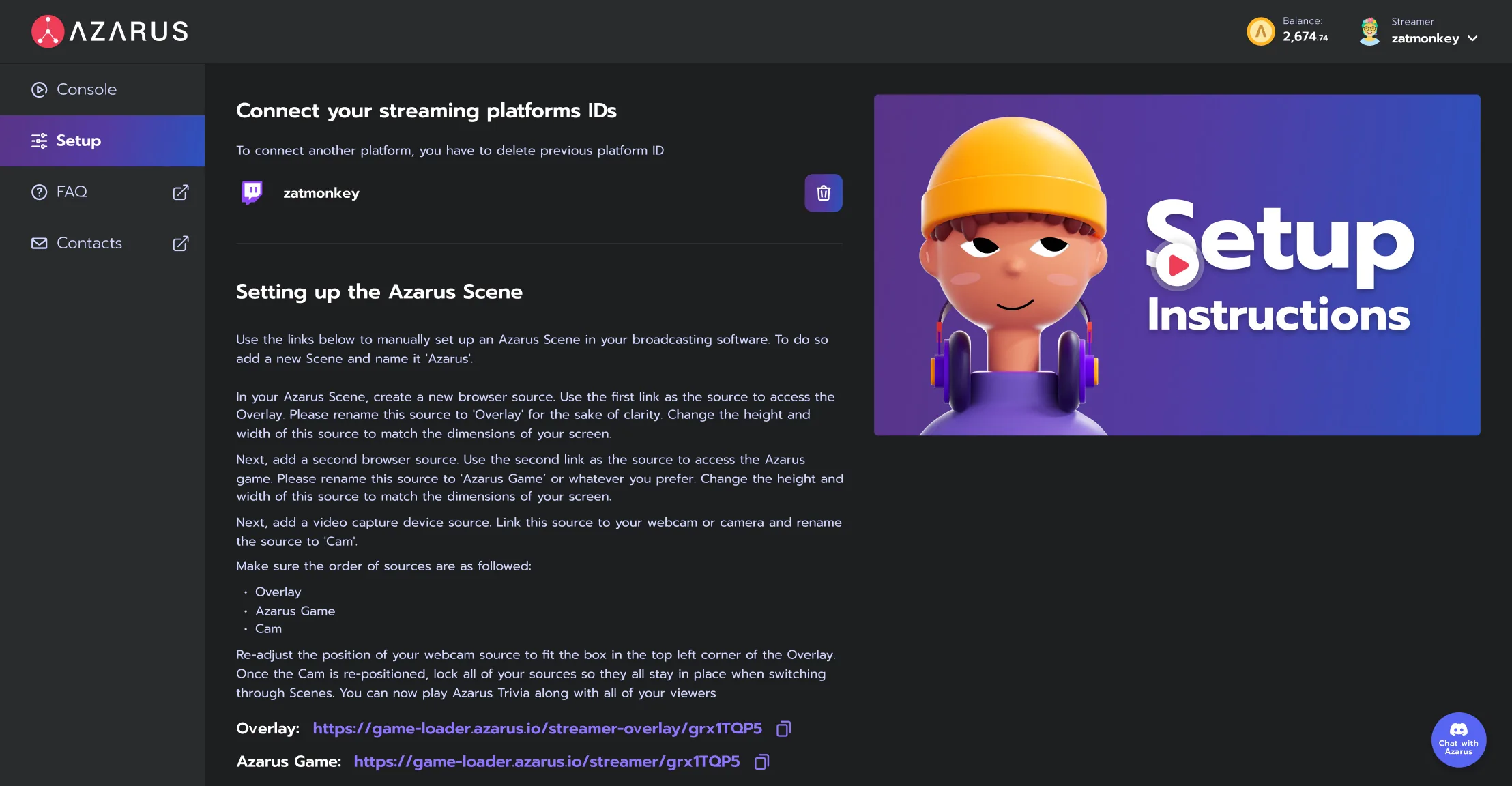 Azarus streamer setup dashboard with platform connection and overlay instructions