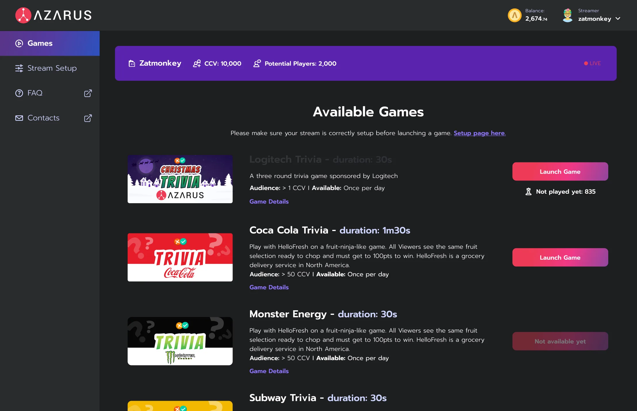 Azarus streamer games dashboard with available games and launch controls