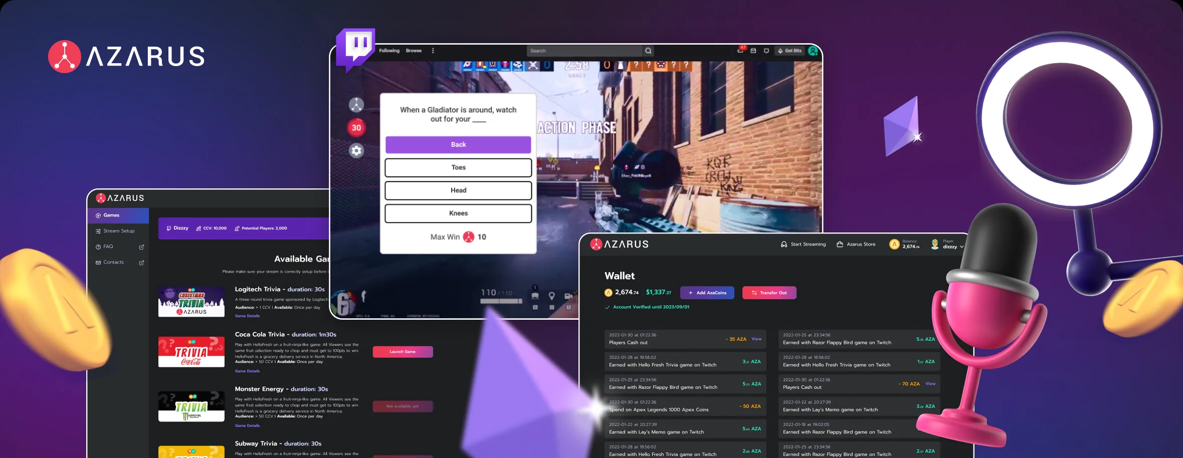 Azarus product collage showing livestream overlays, games, wallet, and streamer tools