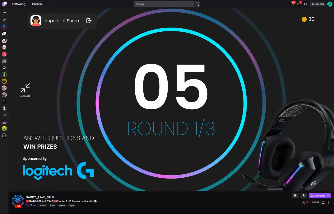 Azarus Twitch overlay showing a countdown trivia game sponsored by Logitech