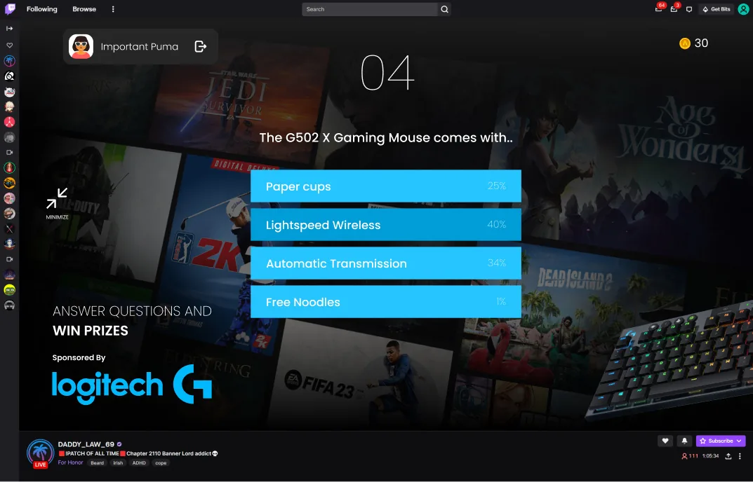 Azarus Twitch overlay showing a multiple-choice trivia question