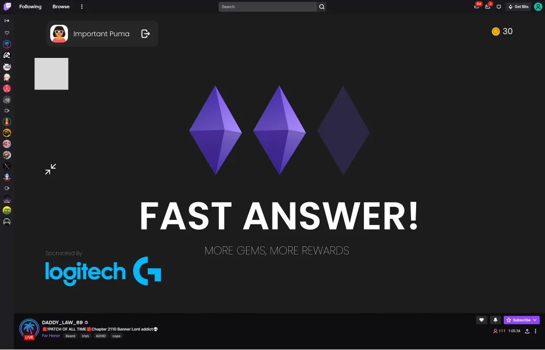 Azarus livestream game result screen showing a fast answer reward