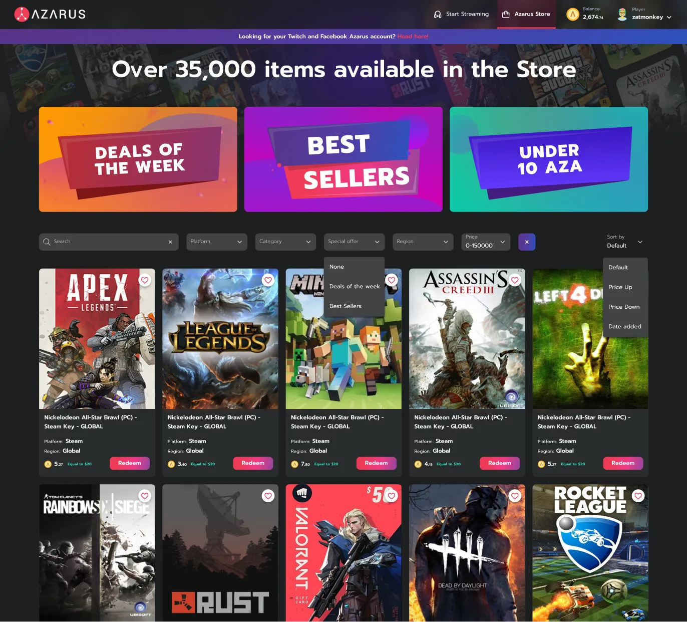 Azarus store screen showing game rewards, filters, and redeemable items
