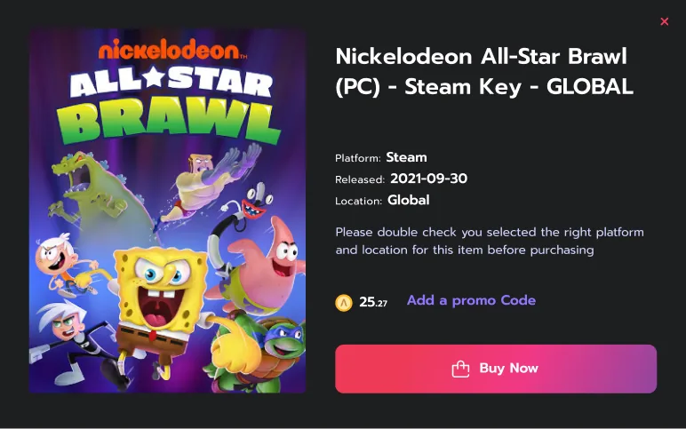 Azarus store purchase modal for a Nickelodeon All-Star Brawl Steam key
