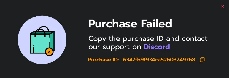Azarus purchase failed modal with support instructions