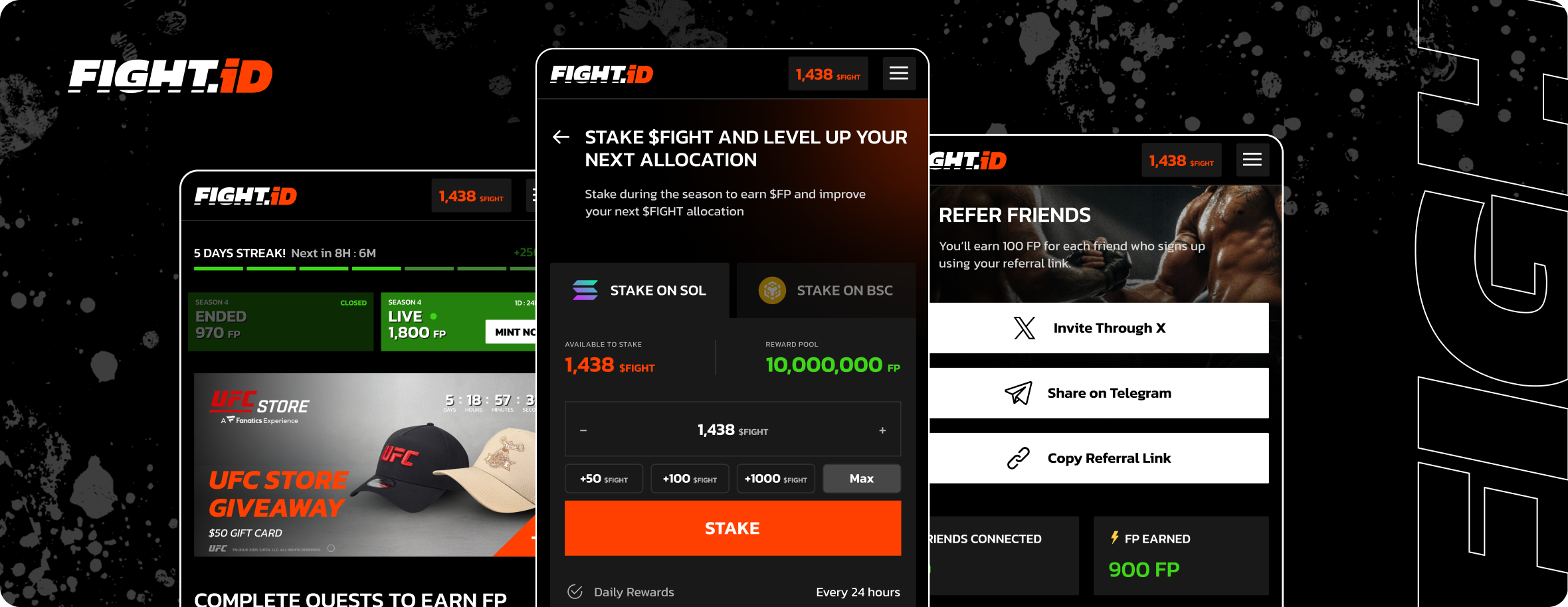 Fight.ID product interface collage with mobile screens for quests, staking, and referrals
