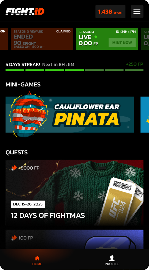 Fight.ID desktop home screen with reward streaks, giveaways, and quests