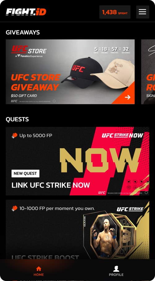 Fight.ID mobile home screen with giveaways and quests
