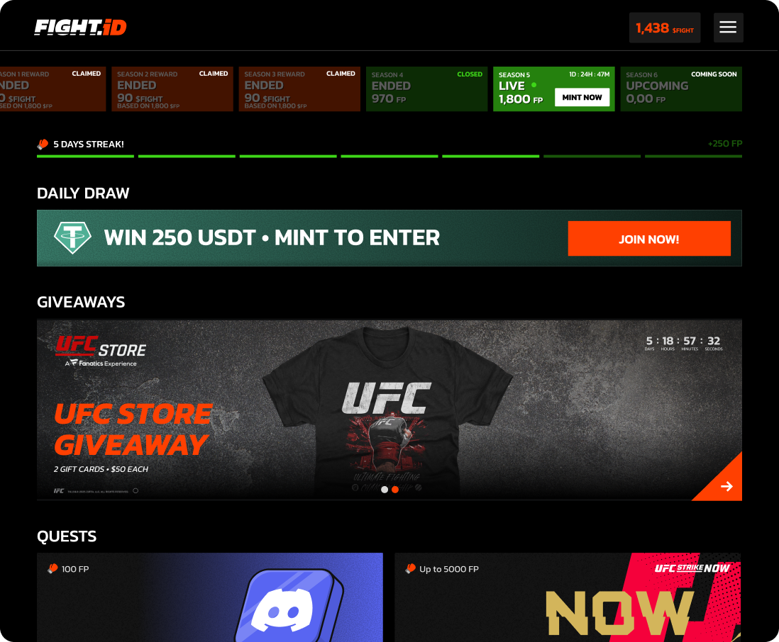 Fight.ID mini-games and quest screen showing daily engagement loops