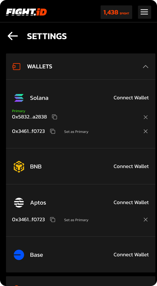 Fight.ID account menu showing connected wallets