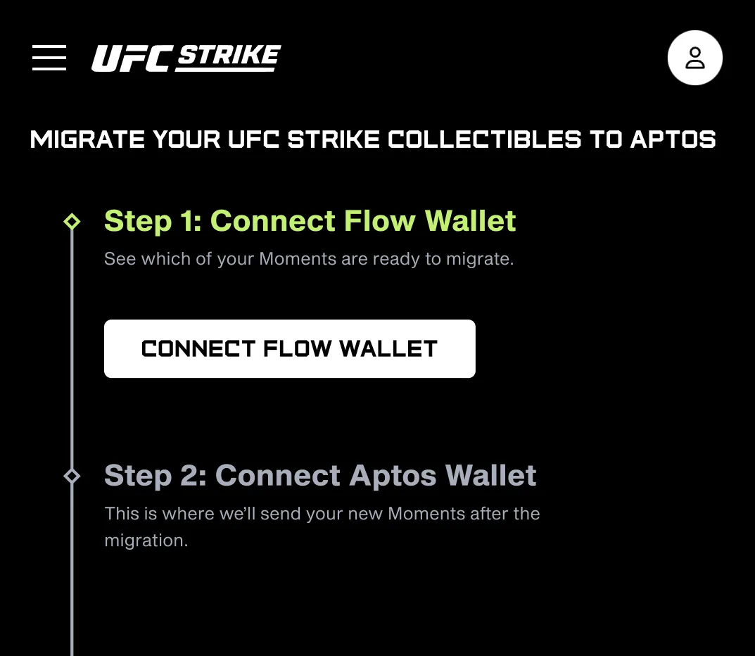 UFC Strike migration flow with Flow wallet connected and Aptos wallet step highlighted