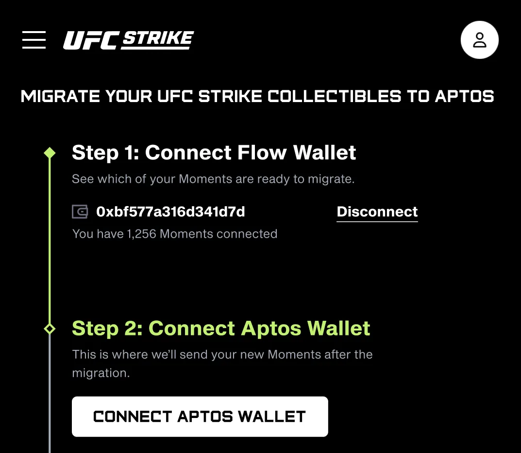 UFC Strike link wallet modal with Fight.ID account and Aptos wallet options