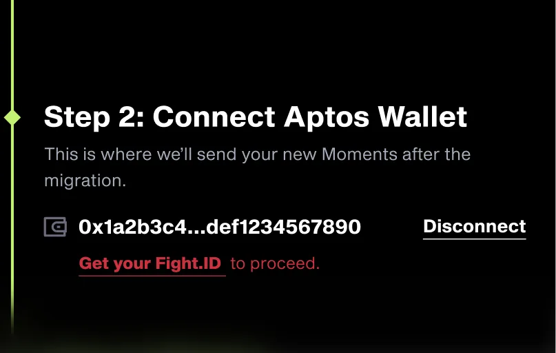 UFC Strike Aptos wallet connection step showing Fight.ID requirement message