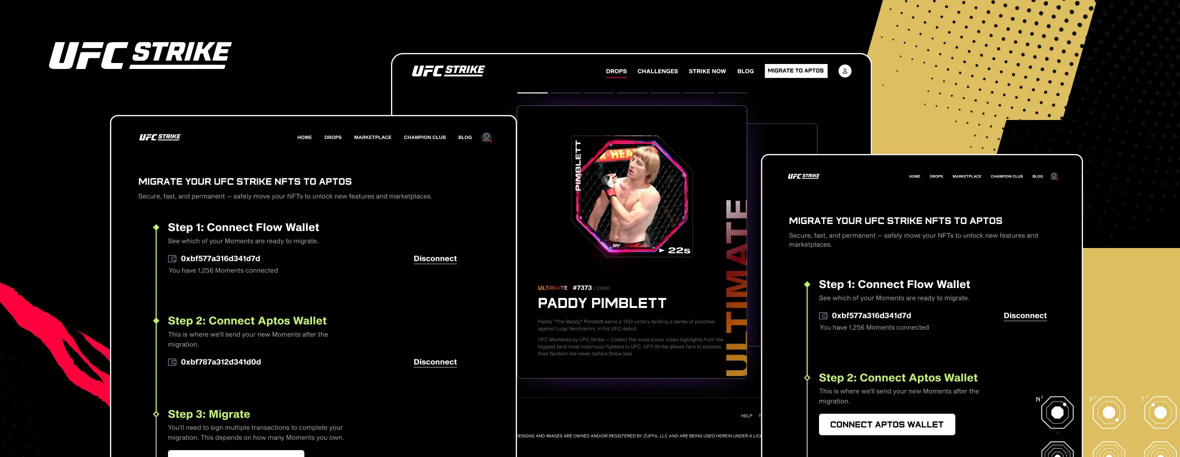 UFC Strike migration experience collage showing NFT browsing and wallet migration screens