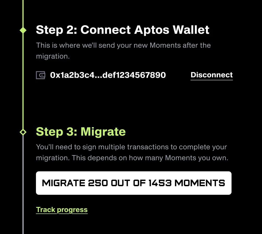 UFC Strike migration step showing a button to migrate a batch of moments