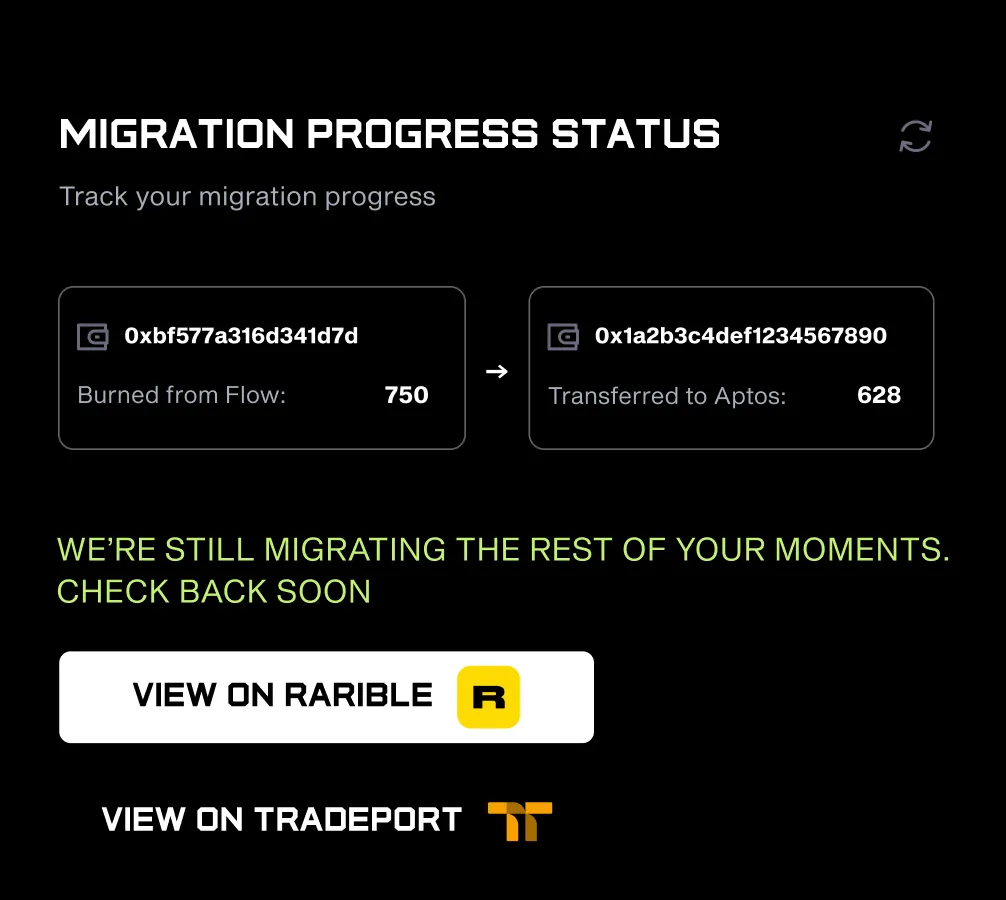 UFC Strike migration progress status screen with burned and transferred moment counts