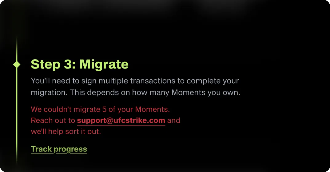 UFC Strike Aptos wallet screen showing migration unavailable and support path